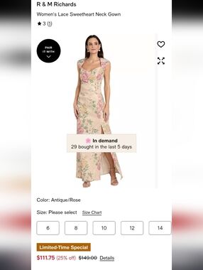 R&M Richards Floral Jacquard Long Lace Sweetheart Neck Side Slit Side Button Emb